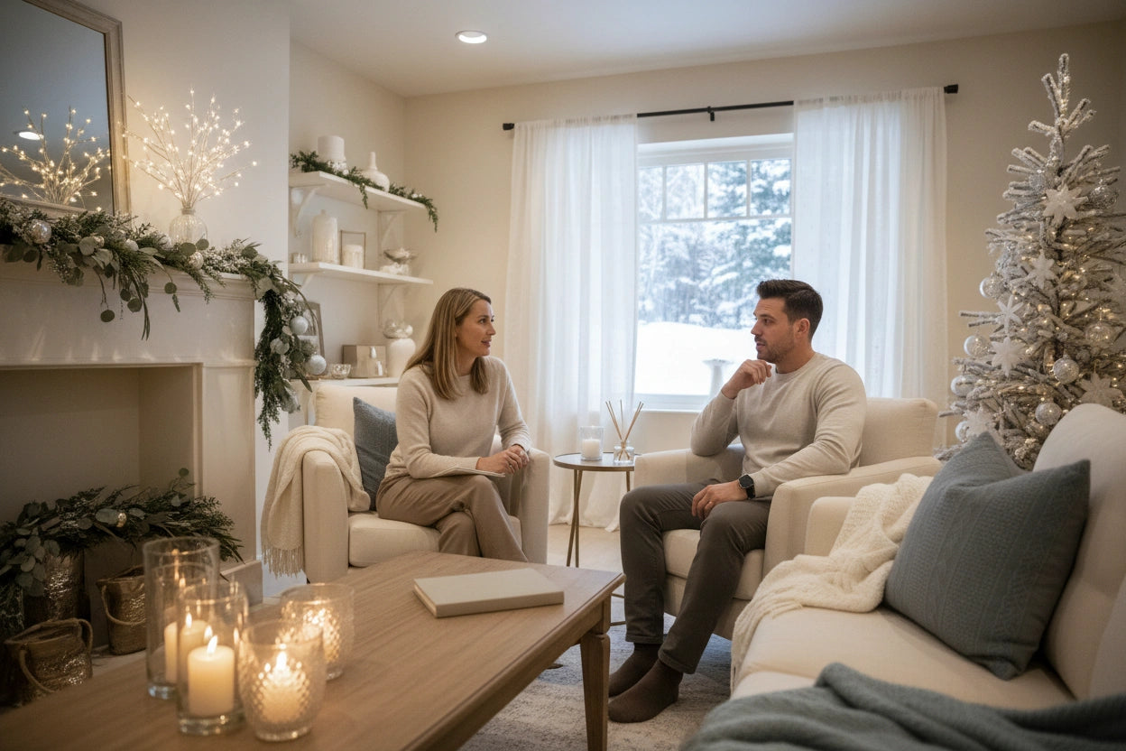 Two people sitting on a couch in a cozy living room with a Christmas tree and decorations.