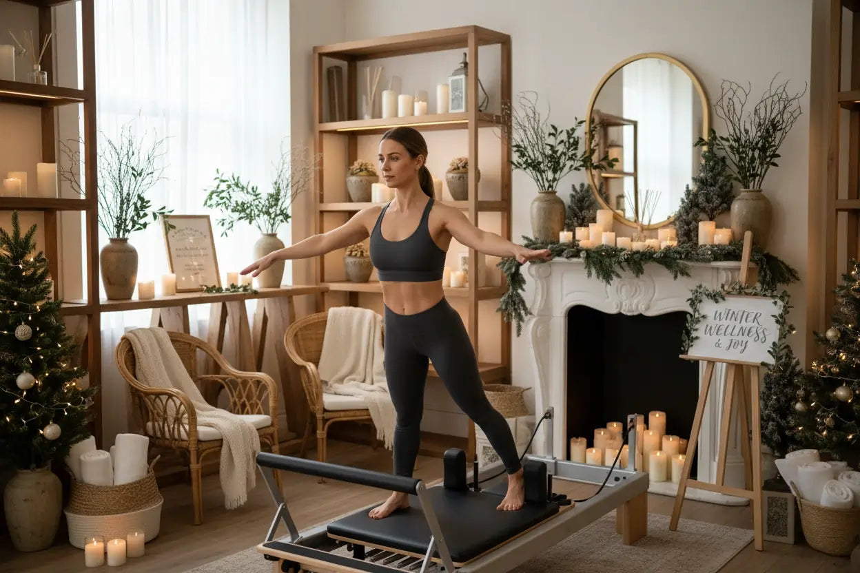 Woman exercising on a Pilates reformer in a home setting with festive decorations.