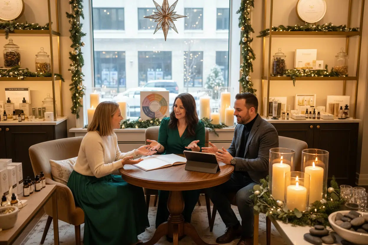 Three people sitting around a table in a decorated room with candles and festive decor.