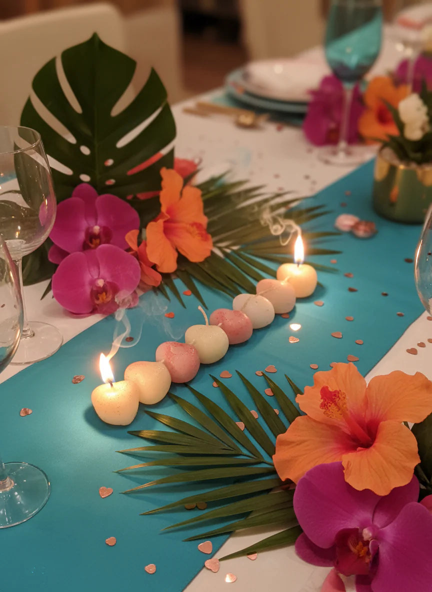 Beautiful table setting with heart string of candles on a blue tablecloth.