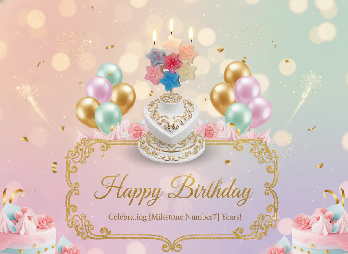 Birthday card with cake, balloons, and 'Happy Birthday' text on a pastel background featuring spinning star candle
